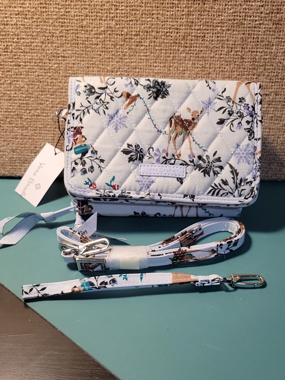 Vera Bradley White Quilted Crossbody Wallet with Deer & Floral Print